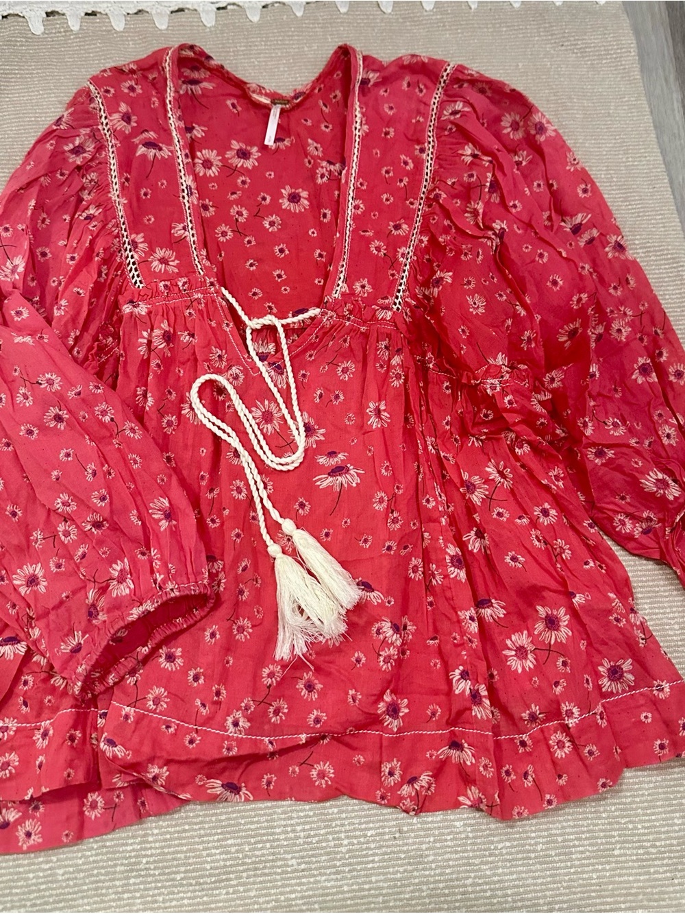 Free People Red Floral Boho Peasant Tunic Top